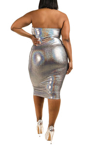 Plus Size Off-the-Shoulder Hologram Metallic Club Tube Dress