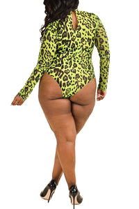 Plus Size Leopard Mesh Print Long Sleeves Bodysuit