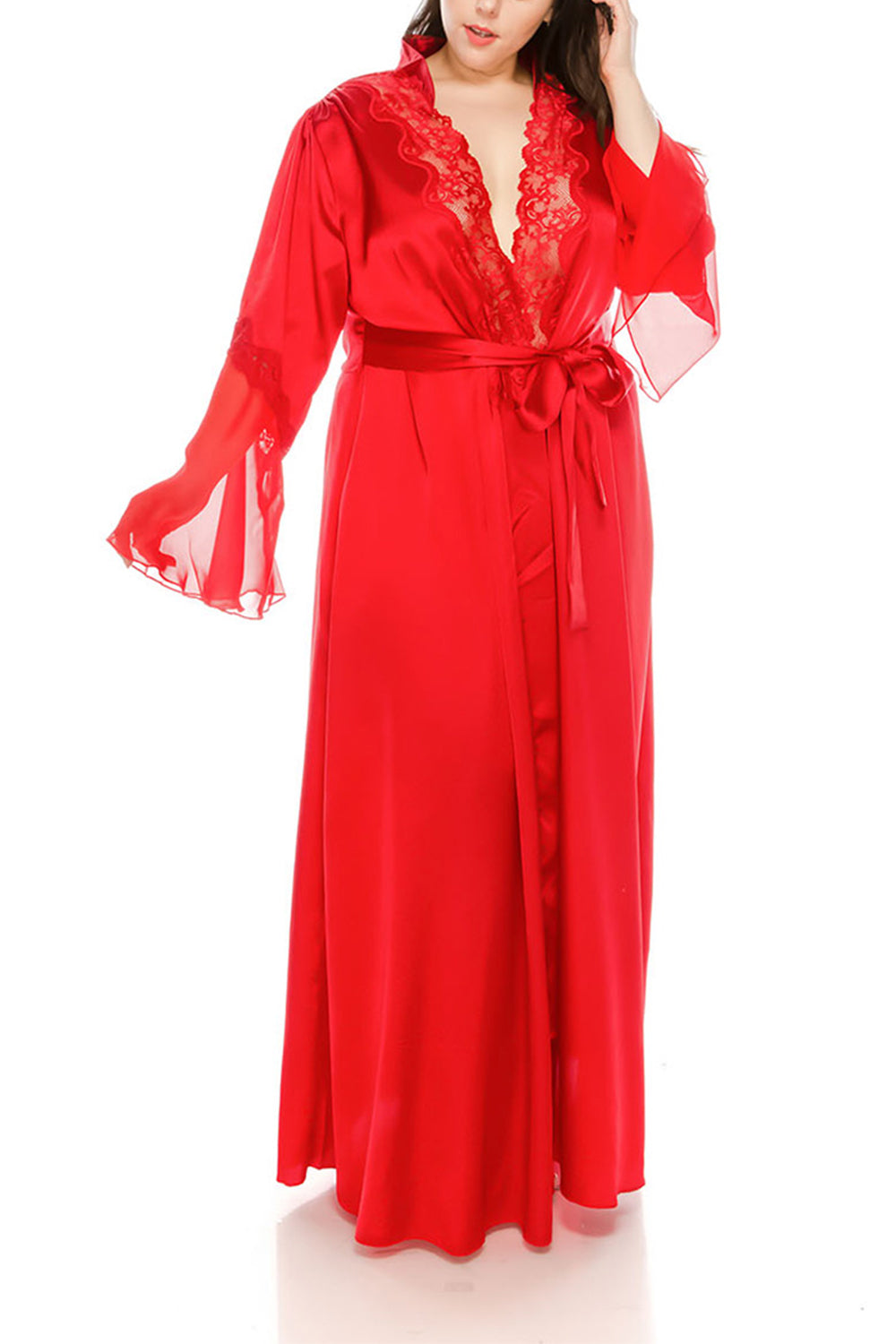Long Satin Robes w/Lace for Plus Size Lingerie Silk Bathrobe