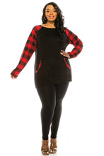 Load image into Gallery viewer, Women&#39;s Plus Size Color Block Plaid Long Sleeve Tunic Top W/Kangaroo Pocket