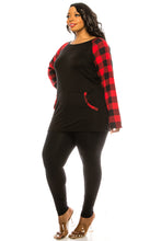 Load image into Gallery viewer, Women&#39;s Plus Size Color Block Plaid Long Sleeve Tunic Top W/Kangaroo Pocket