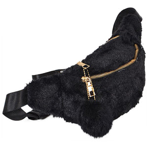 FUR FANNY PACK WITH POMPOM KEY CHAIN